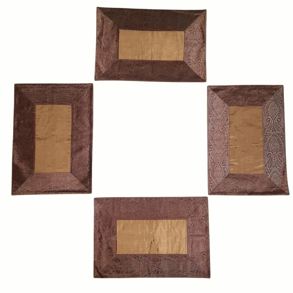 Vtg CRATE&BARREL Florentine Place Mats 4pcs Silk/Brocade Tan/Wine/Metallic
